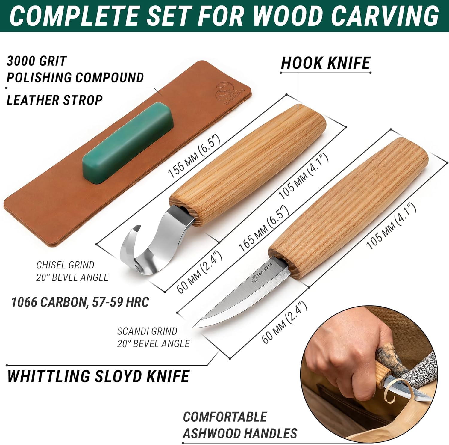 BeaverCraft S01 Wood Spoon Carving Knives Set Spoon Making Tools Kit Whittling Knife Hook Knife Right-handed Bowl Cup Kuksa for Beginners Woodworking Professional Wood Carving Kit - Image 2