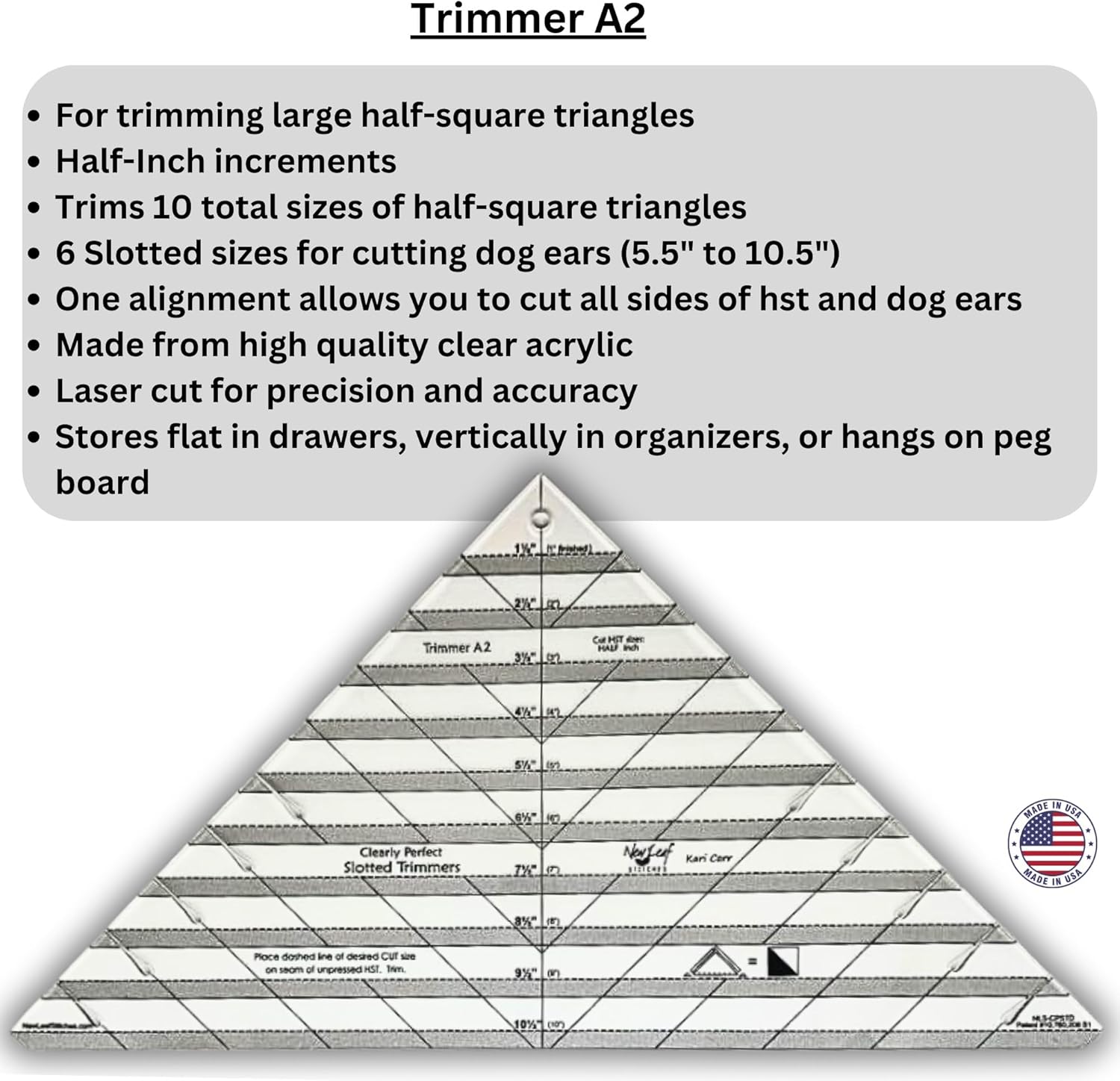 Cleary Perfect Slotted Trimmer A2 by New Leaf Stitches – Quilting Ruler Template and Stencil for Cutting All Sides of Larger Half Square Triangles – 6 Slotted Sizes 5.5 Inch to 10.5 Inch - Image 2