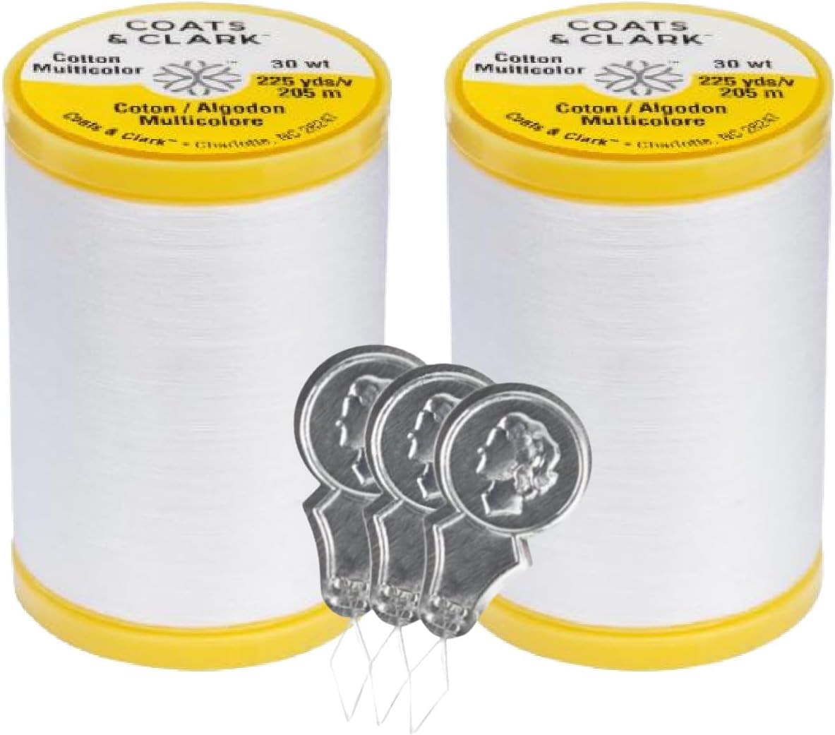 Coats & Clark Cotton All Purpose Sewing Thread 100% Mercerized Cotton 225 Yards Each Spool S970 2 Pack Bundle with 3 Bella's Crafts Needle Threaders (White)