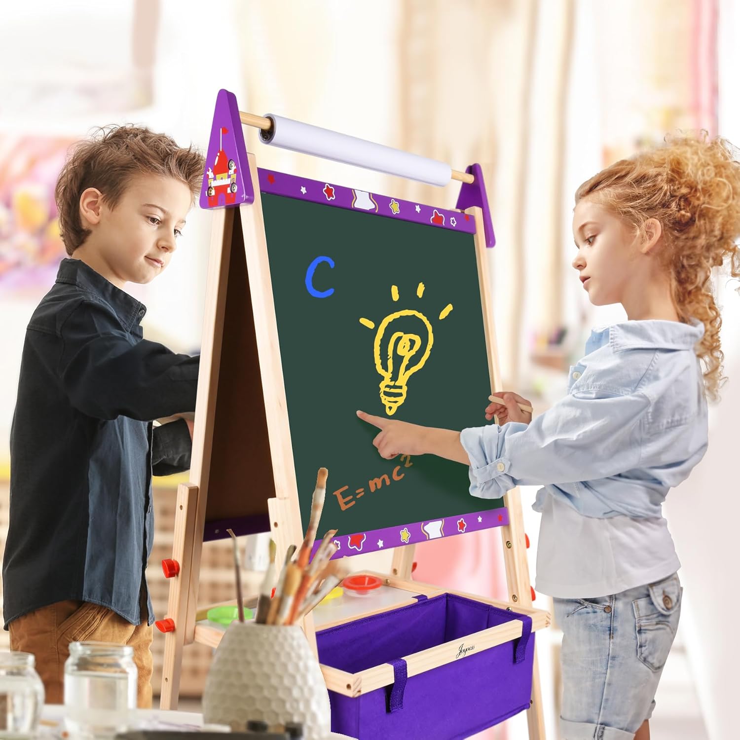 Joyooss Art Easel for Kids Easel for Toddlers, Adjustable Standing Wooden Toddler Easels Kids Board Whiteboard & Chalk Board Kids Dry Erase Board, Art Easel for Kids Age 2-4 4-8 9-12 Drawing Easels - Image 7