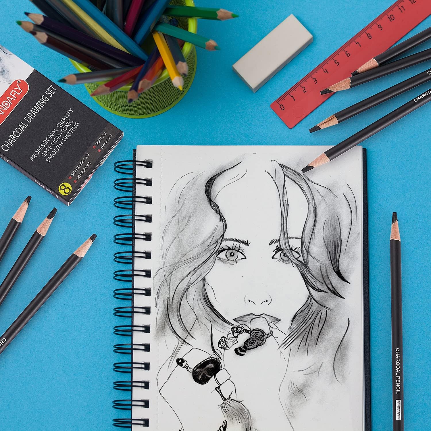 PANDAFLY Professional Charcoal Pencils Drawing Set - 8 Pieces Soft Medium and Hard Charcoal Pencils for Drawing, Sketching, Shading - Image 5