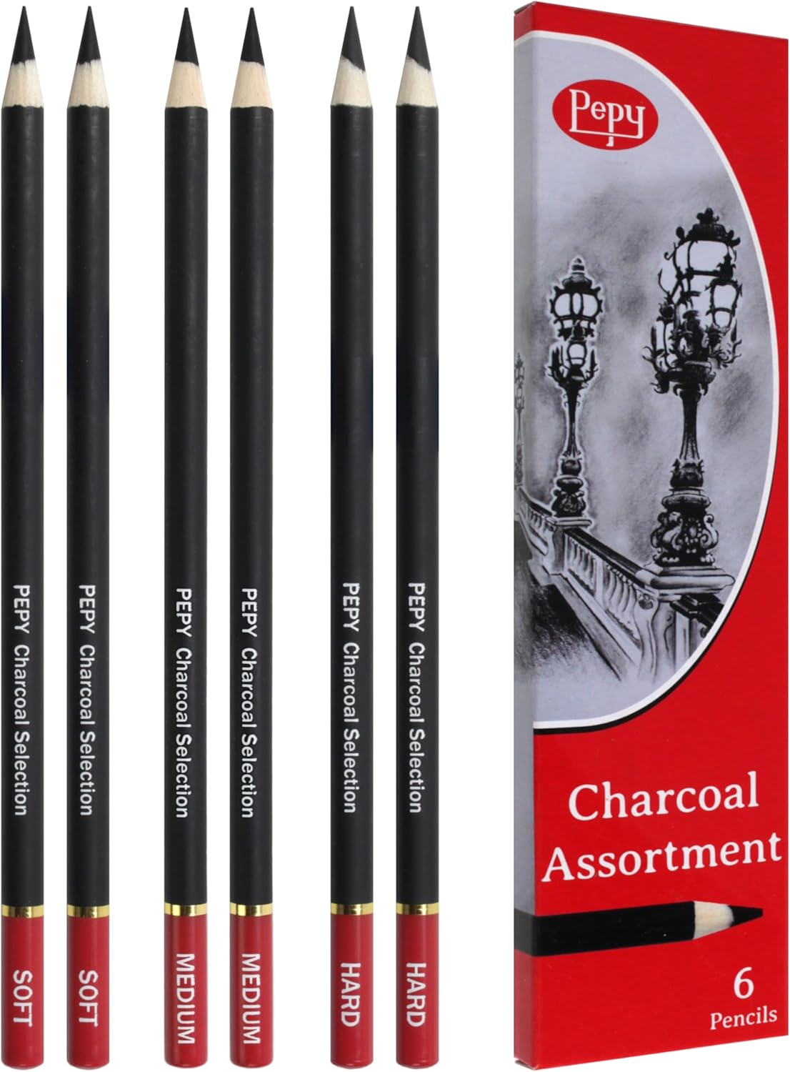 Pepy Charcoal Assorted Set of 6 Pencils: 2 Each Hard, Medium, Soft Pencils