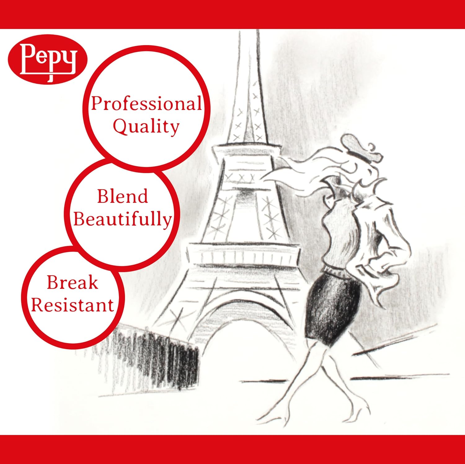 Pepy Charcoal Assorted Set of 6 Pencils: 2 Each Hard, Medium, Soft Pencils - Image 2