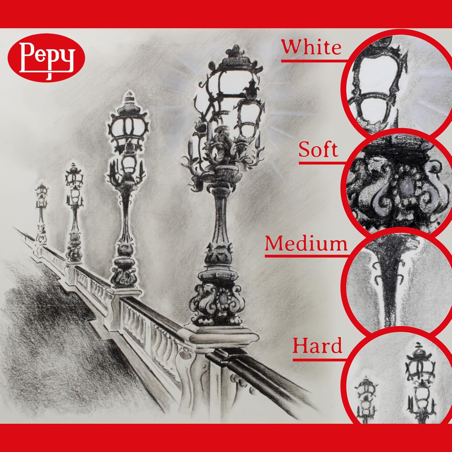 Pepy Charcoal Assorted Set of 6 Pencils: 2 Each Hard, Medium, Soft Pencils - Image 3